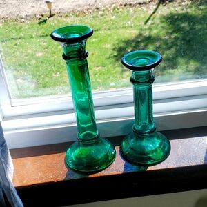 Vintage Green hand-made glass candle holders Made in Spain.